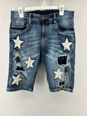 Men's Distressed Blue Denim Shorts with Star Patches